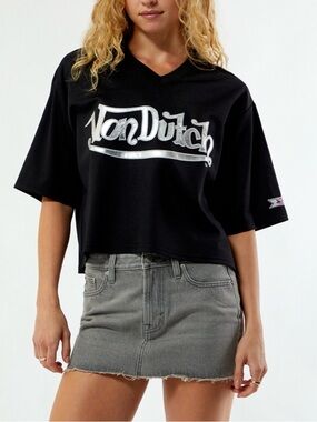 NWT Von Dutch Y2K Black Cropped V-Neck Logo Jersey with Silver Script